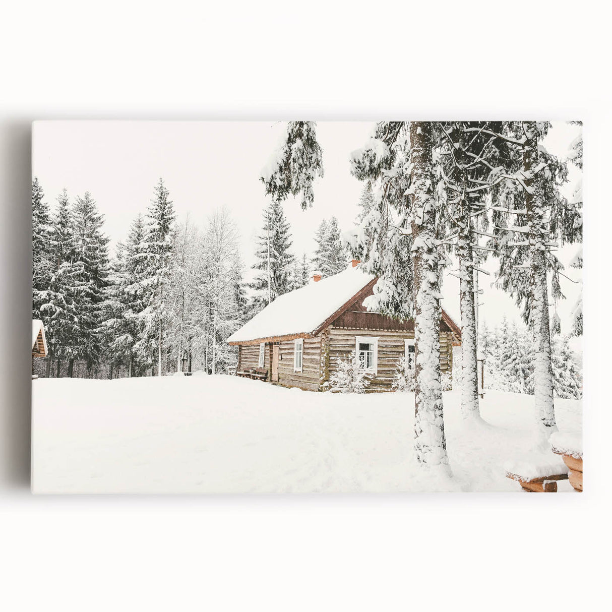 Winter-themed black and white artwork on stretched canvas, featuring a snowy landscape, ideal for kitchen wall art.