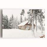 Winter-themed black and white artwork on stretched canvas, featuring a snowy landscape, ideal for kitchen wall art.