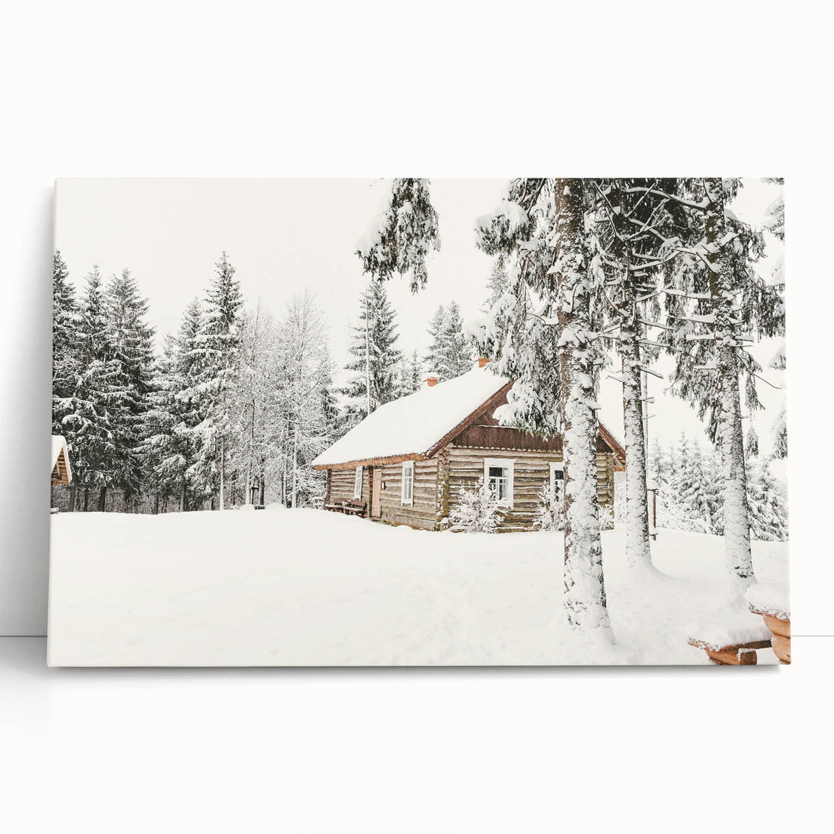 Winter-themed black and white stretched canvas depicting a snowy landscape, ideal for kitchen wall art.