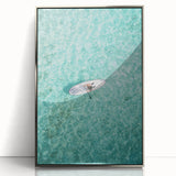 Mid-century modernist art deco poster featuring geometric shapes in pastel colors, framed in silver acrylic.