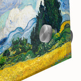 Large abstract wall art in mid-century modernist style on acrylic glass, featuring swirling blue and yellow tones.