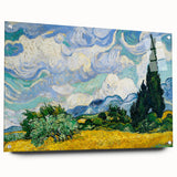 Acrylic print of a Van Gogh-inspired abstract in vibrant blue and yellow tones, suited for bedroom or dining room decor.