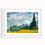 Abstract art print featuring swirls in blue and yellow on a white framed canvas, ideal for dining room decor.