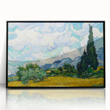 Large abstract wall art in mid-century modernist style, featuring swirling blue and yellow tones on a framed acrylic print.