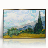 Large art print of a Van Gogh-inspired scene on acrylic, framed in gold, with mid-century modernist style.