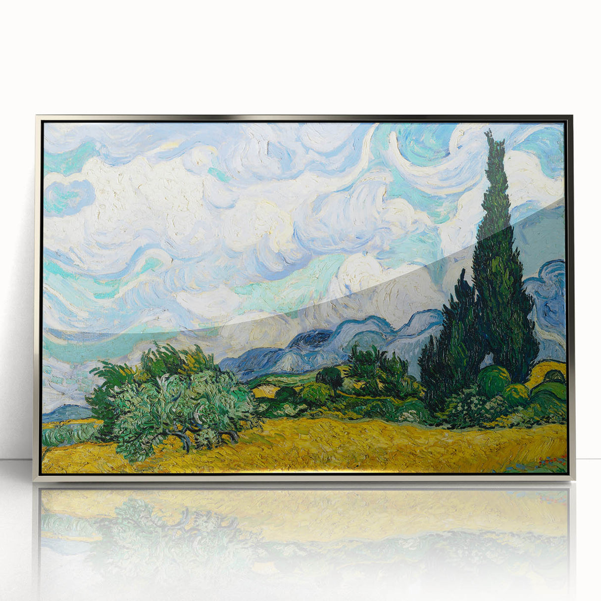 Mid-century modernist style depiction of a cityscape in muted gray and blue tones on a silver-framed acrylic print.