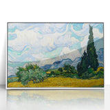 Acrylic print of a Van Gogh-inspired painting, featuring swirling blue and yellow tones, framed in white.