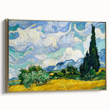 Side view of a framed canvas featuring a Van Gogh landscape painting in muted earth tones, ideal for bedroom wall art.