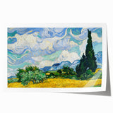 Rolled canvas print of Van Gogh-inspired floral artwork in vibrant blue and yellow tones, suitable for art wall dining room.