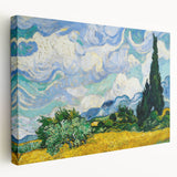 Reproduction of Van Gogh painting on large stretched canvas, featuring swirling blue and yellow tones.