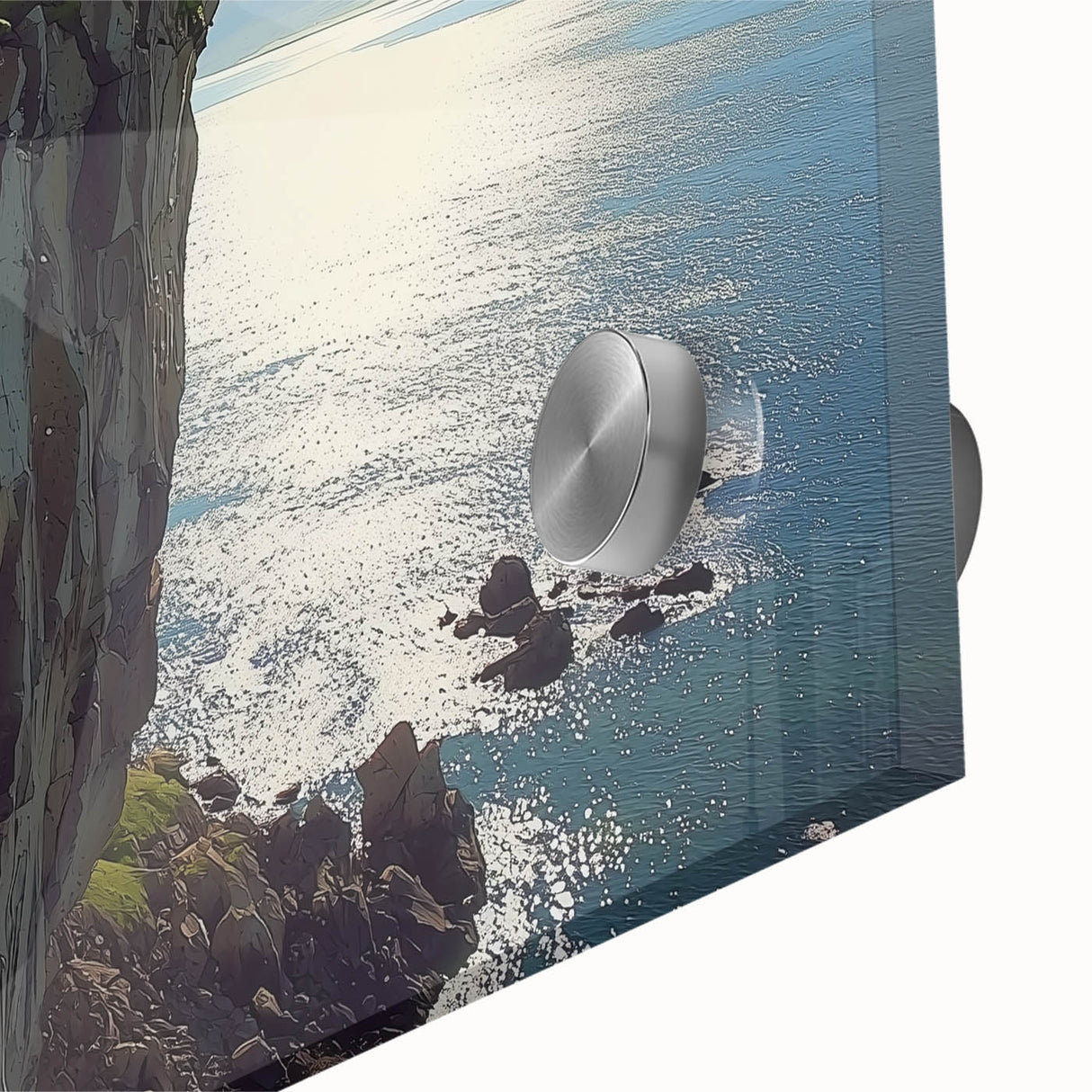 Close-up of an acrylic glass artwork depicting vibrant landscapes with dramatic cliffs, showcasing intricate details and rich colors, ideal for modern home decor.