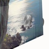 Close-up of an acrylic glass artwork depicting vibrant landscapes with dramatic cliffs, showcasing intricate details and rich colors, ideal for modern home decor.