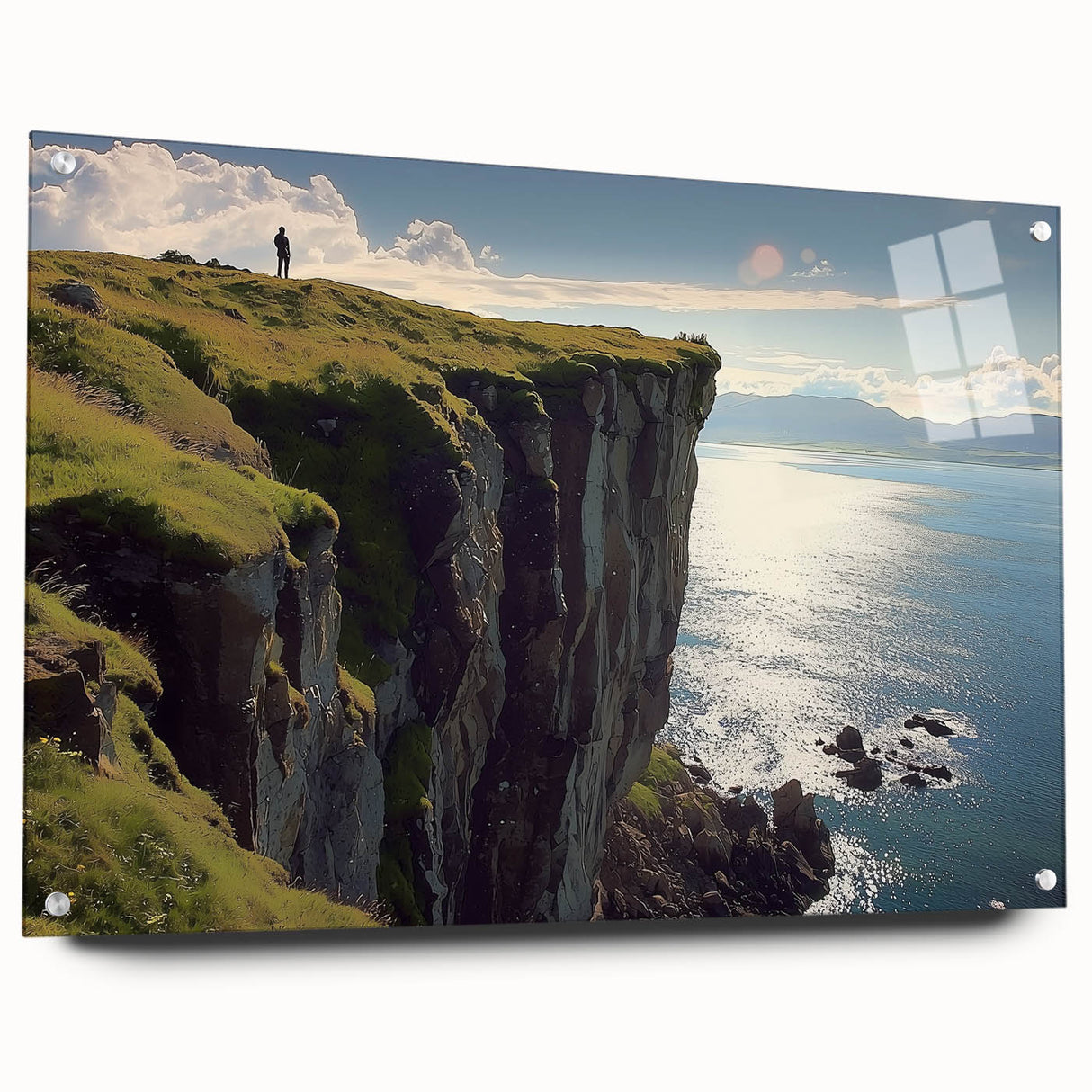 Acrylic wall art showcasing vibrant landscapes and cliffs in a side view perspective, elegantly displayed with pins for a modern touch, ideal for home decor.