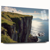 Acrylic landscape artwork depicting dramatic cliffs in vibrant colors, displayed in a sleek glass frame with a side view showing no visible pins, ideal for modern decor.