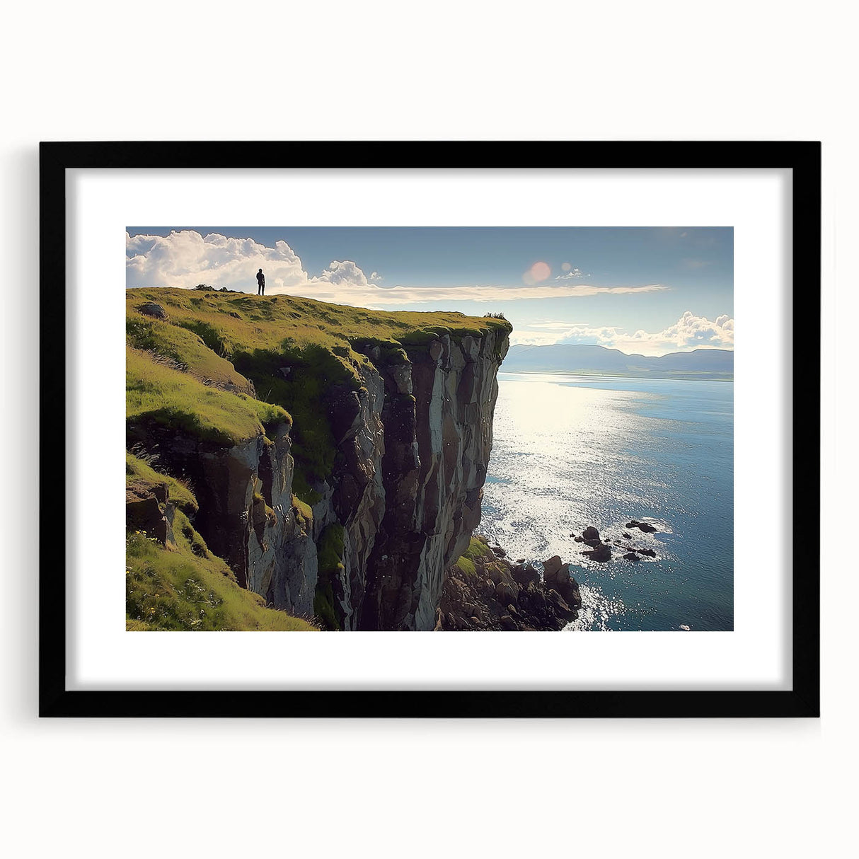 Black-framed landscape artwork showcasing dramatic cliffs with vibrant colors and intricate details, perfect for enhancing modern home decor and art collections.