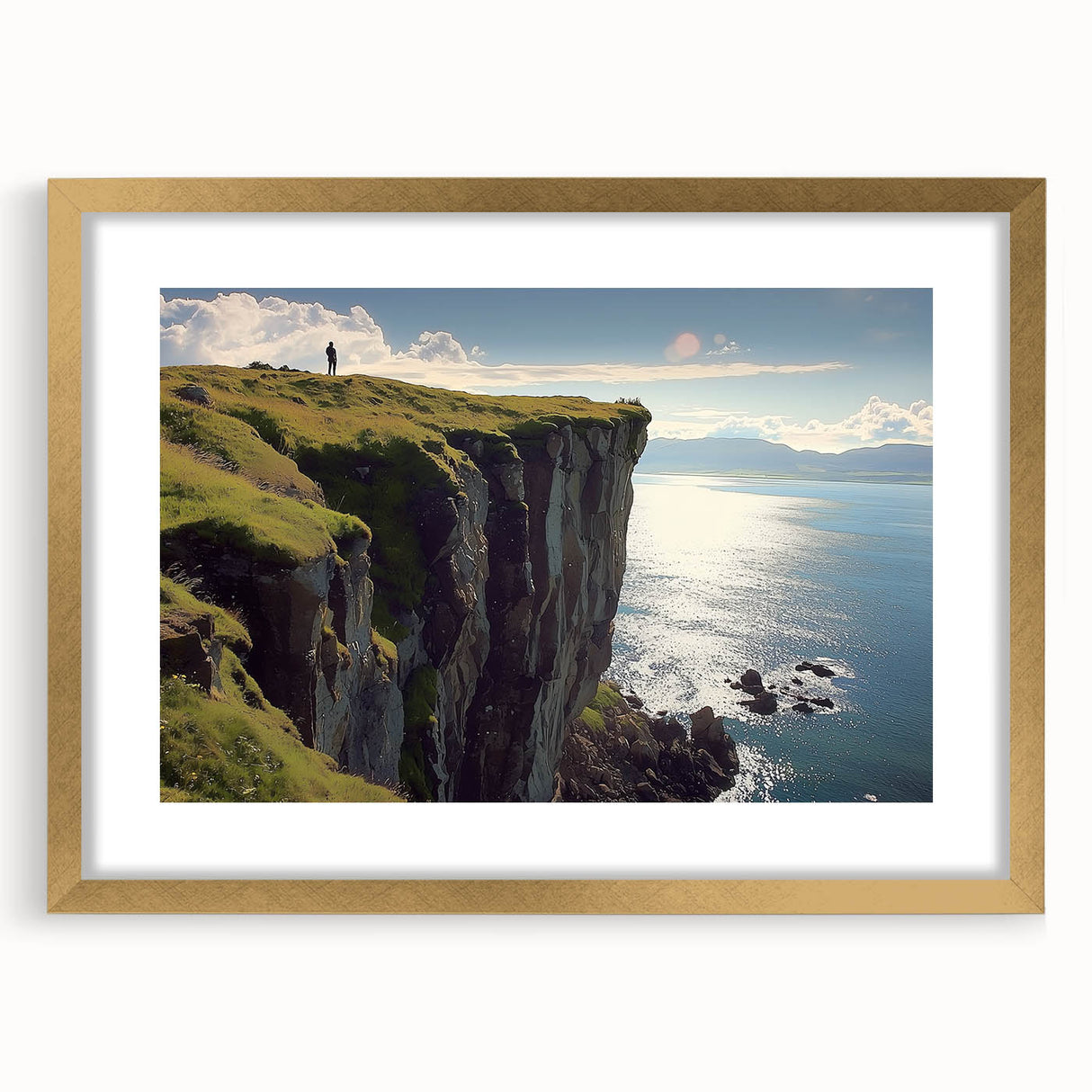 Framed landscape artwork showcasing dramatic cliffs in a gold mat, perfect for home decor, emphasizing natural beauty and elegance. Ideal for enhancing living spaces.
