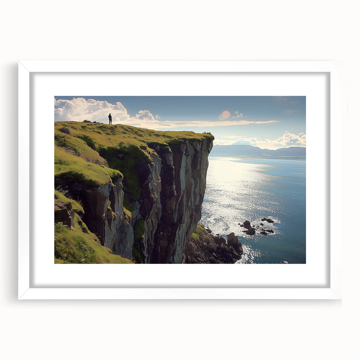 Framed landscape artwork showcasing dramatic cliffs against a vibrant sky, elegantly mounted with a white mat to enhance the visual appeal, ideal for home decor.