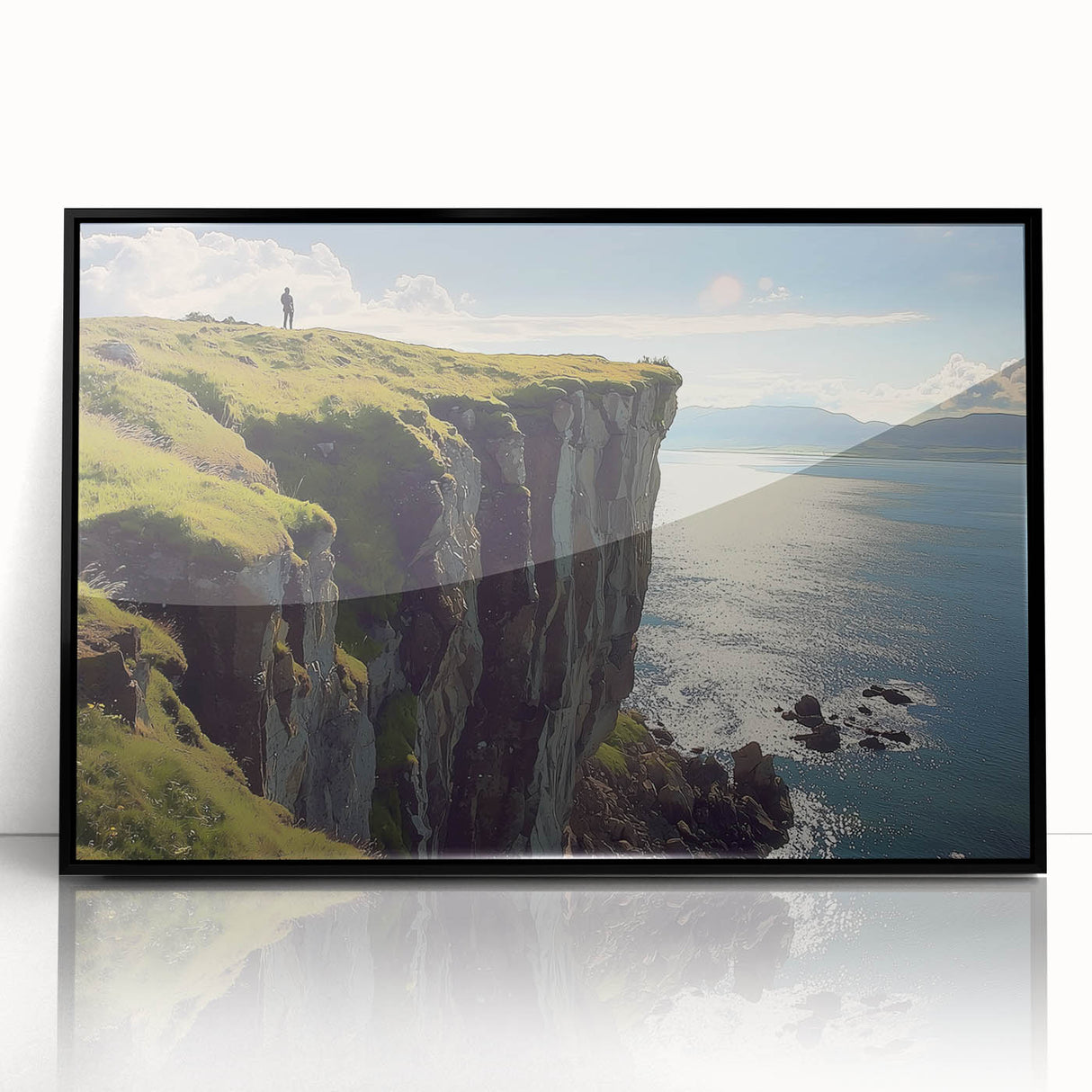 Framed acrylic artwork depicting dramatic cliffs with rich textures and vibrant colors, set against a sleek black frame, ideal for modern interior decor.