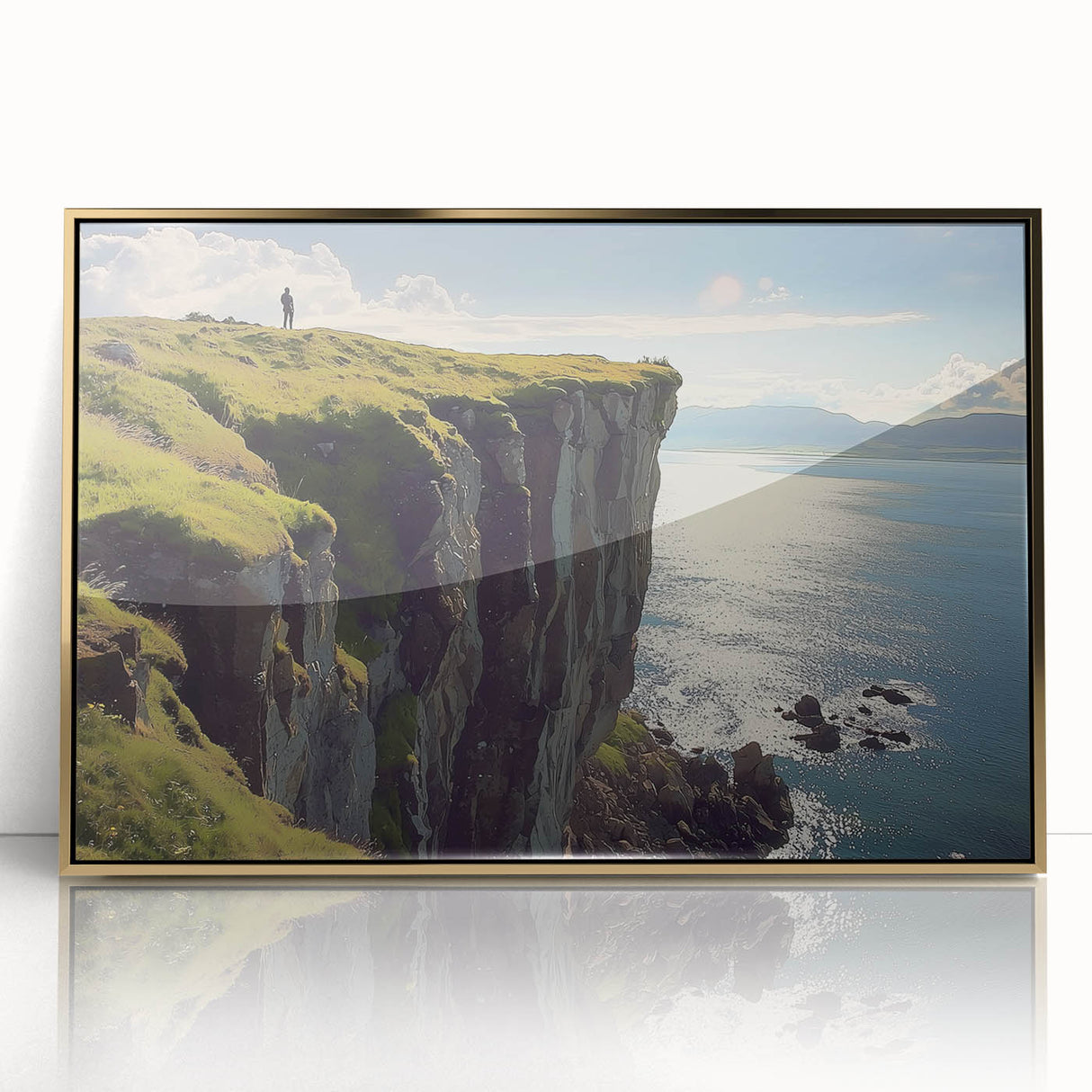 Framed acrylic artwork titled "160 Landscapes," showcasing majestic cliffs in vibrant colors, elegantly mounted in a gold frame, perfect for modern home decor.