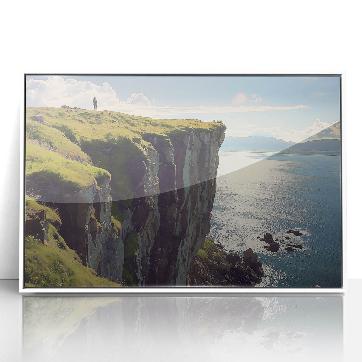Framed acrylic artwork depicting vibrant cliffs in a scenic landscape, featuring deep blue skies and rugged terrain, perfect for modern home decor.