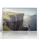Framed acrylic artwork depicting vibrant cliffs in a scenic landscape, featuring deep blue skies and rugged terrain, perfect for modern home decor.