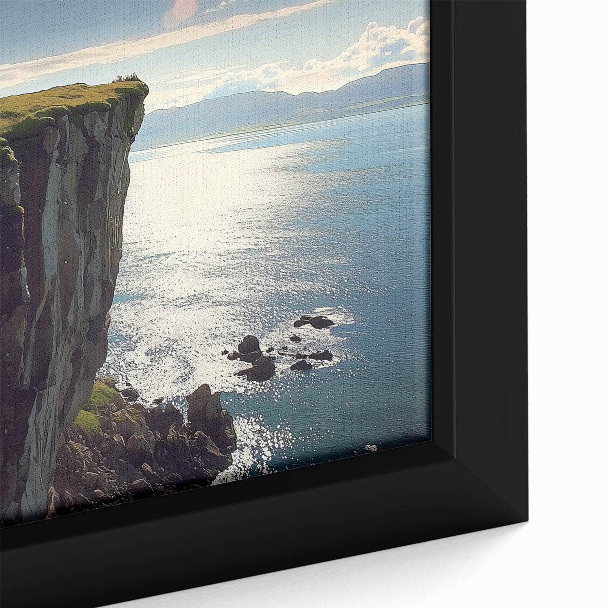 Close-up of a framed canvas artwork depicting a dramatic cliff landscape at sunset, showcasing vibrant colors and intricate details, perfect for home decor.
