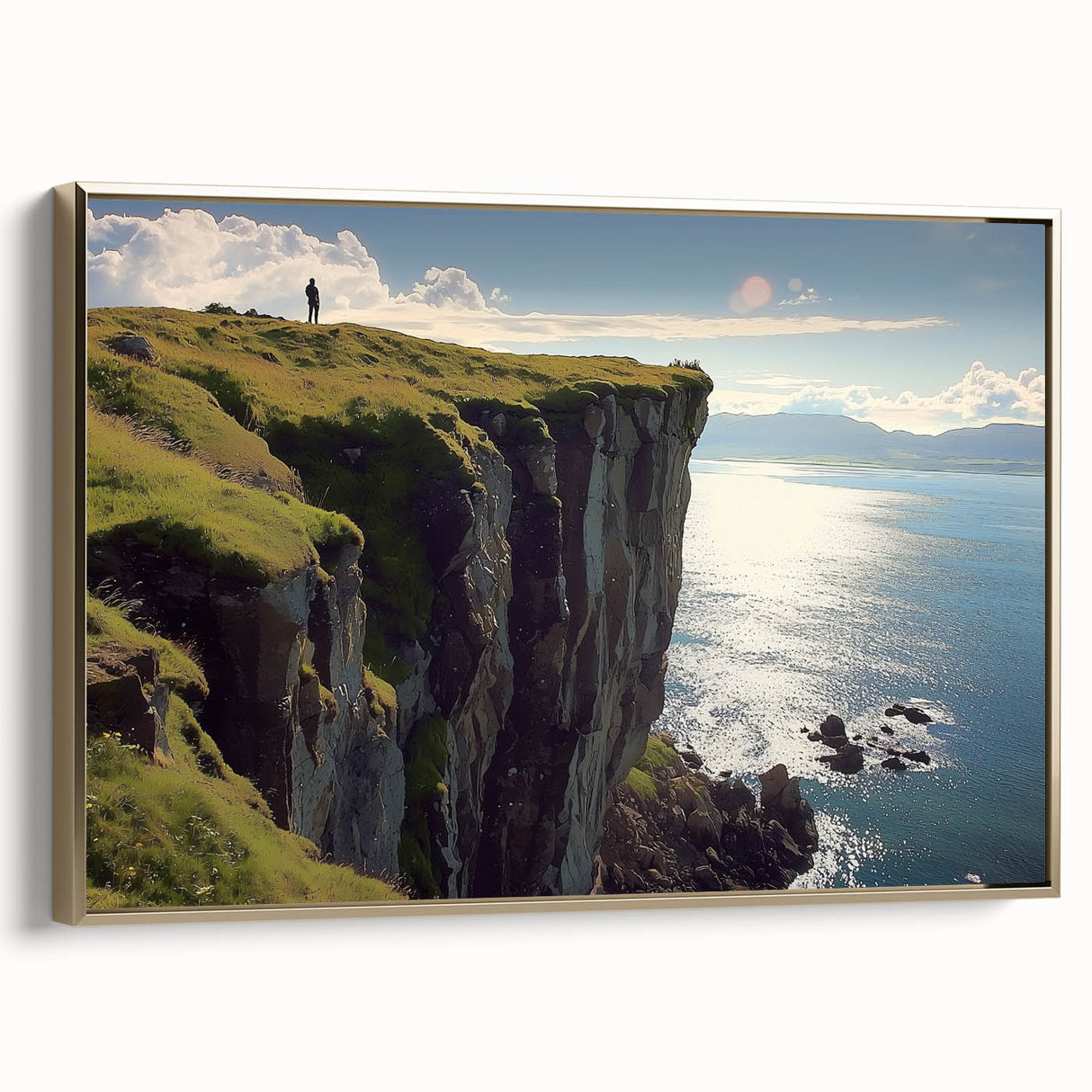 Framed canvas artwork depicting a breathtaking landscape of rugged cliffs, showcasing vibrant colors and gold accents, perfect for home decor.