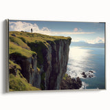 Framed canvas artwork showcasing a scenic cliff landscape, displaying vibrant colors and intricate details, complemented by a sleek silver frame, ideal for home decor.