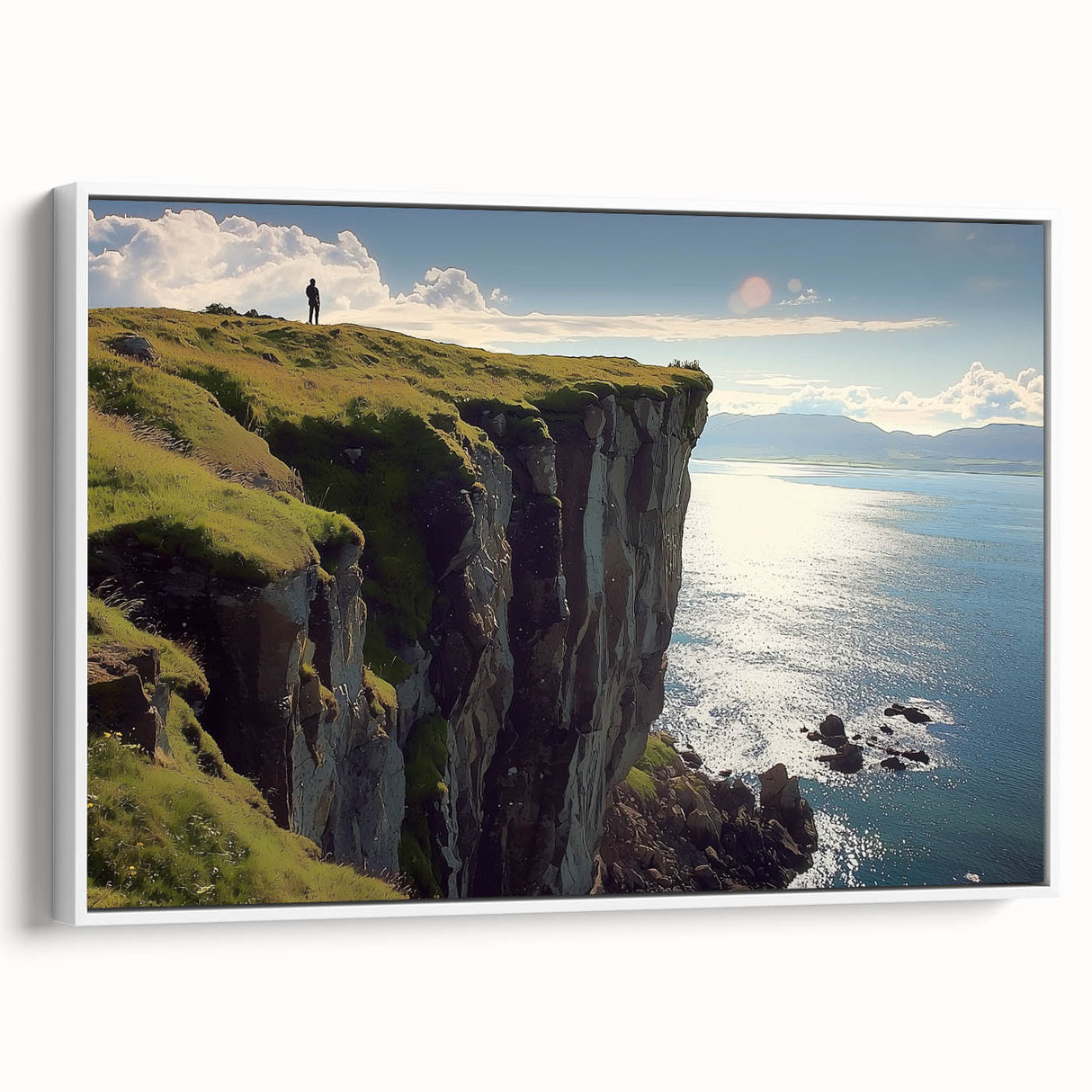 Framed canvas artwork of dramatic cliffs showcasing vibrant colors and intricate textures, set against a white background, ideal for enhancing modern home decor.