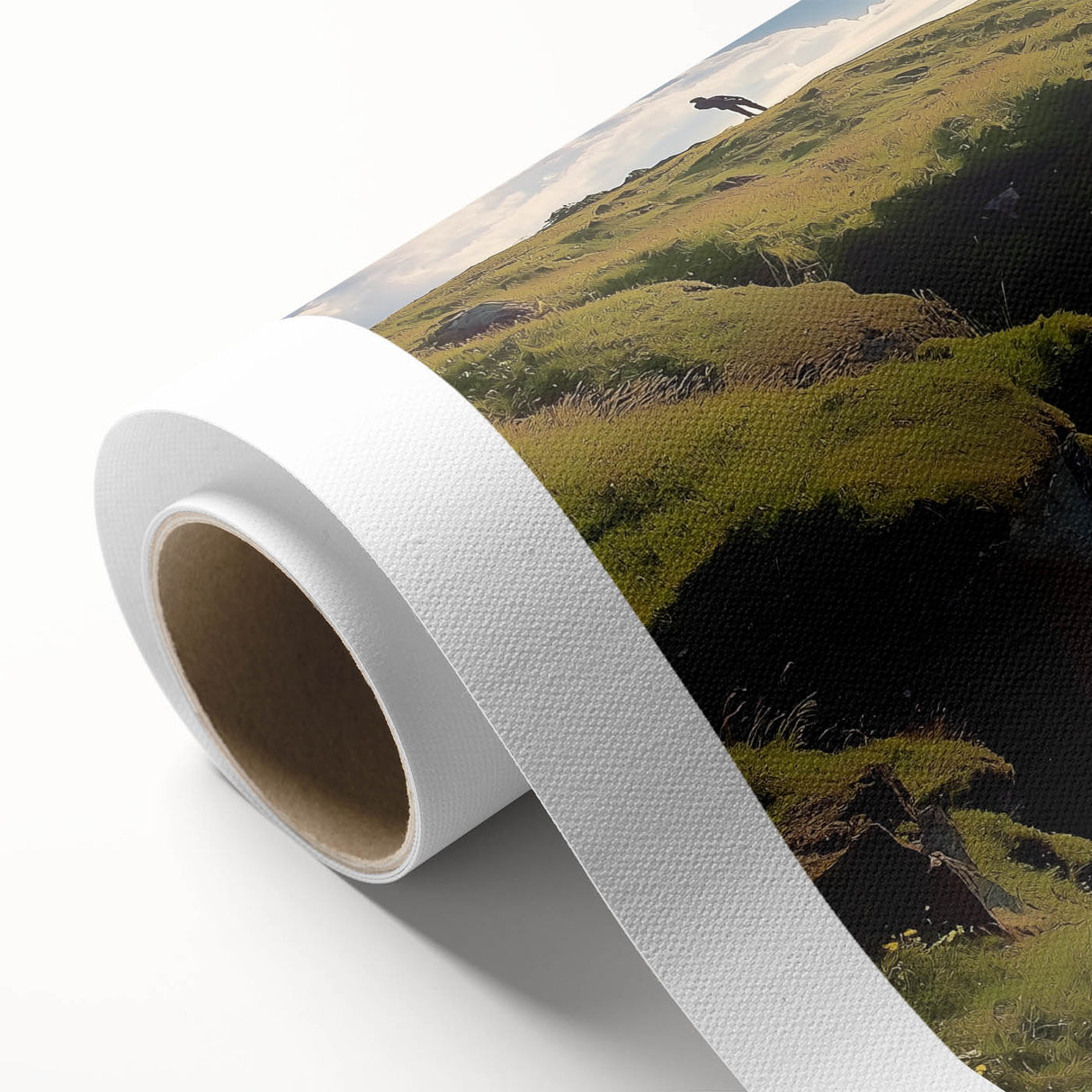 Stunning rolled canvas artwork showcasing dramatic cliffs against a vibrant sunset, ideal for home decor or art enthusiasts, packaged securely in a protective tube.