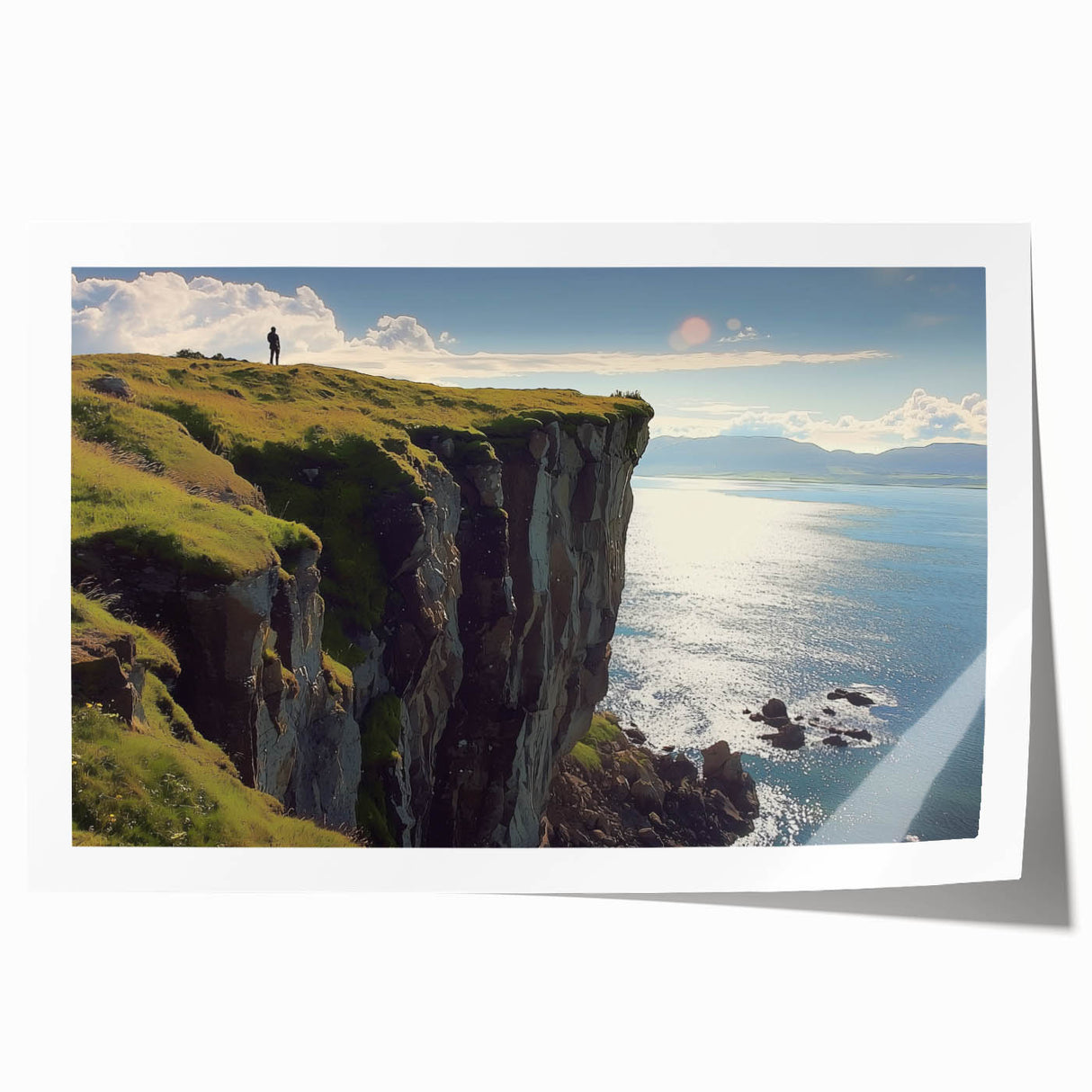 Stunning landscape print showcasing dramatic cliffs against a vibrant sunset, rolled and ready for framing, perfect for enhancing home decor with nature's beauty.