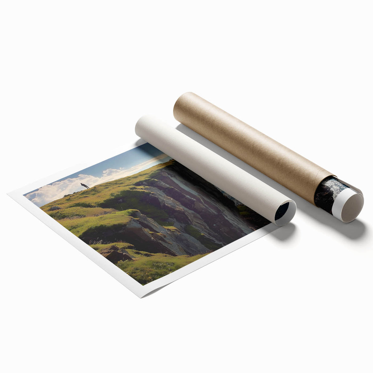 Stunning rolled print of a vibrant landscape featuring dramatic cliffs and lush greenery, elegantly packaged in a protective cardboard tube for easy display. The artwork captures the essence of natural beauty, perfect for enhancing home decor.