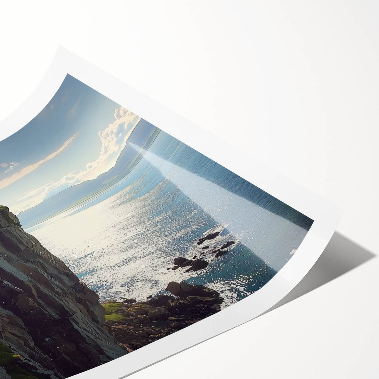 Scenic landscape print showcasing vibrant cliffs and ocean views, rolled and packaged for easy shipping, perfect for home decor or art collection.