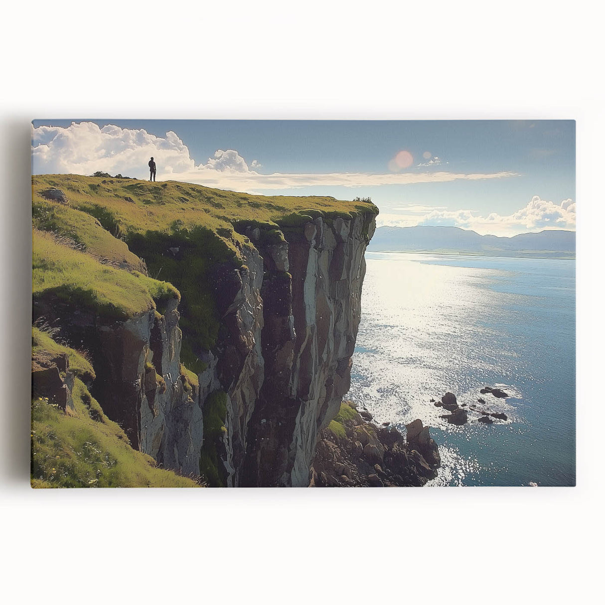 Stretched canvas artwork depicting a scenic landscape with dramatic cliffs and vibrant colors, ideal for home decor or office space enhancement, showcasing natural beauty.