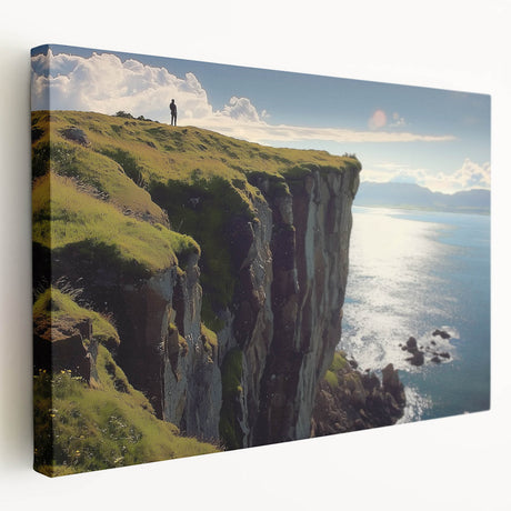 Stretched canvas artwork depicting dramatic cliffs in a serene landscape, showcasing vibrant colors and intricate details, perfect for home decor enhancement.