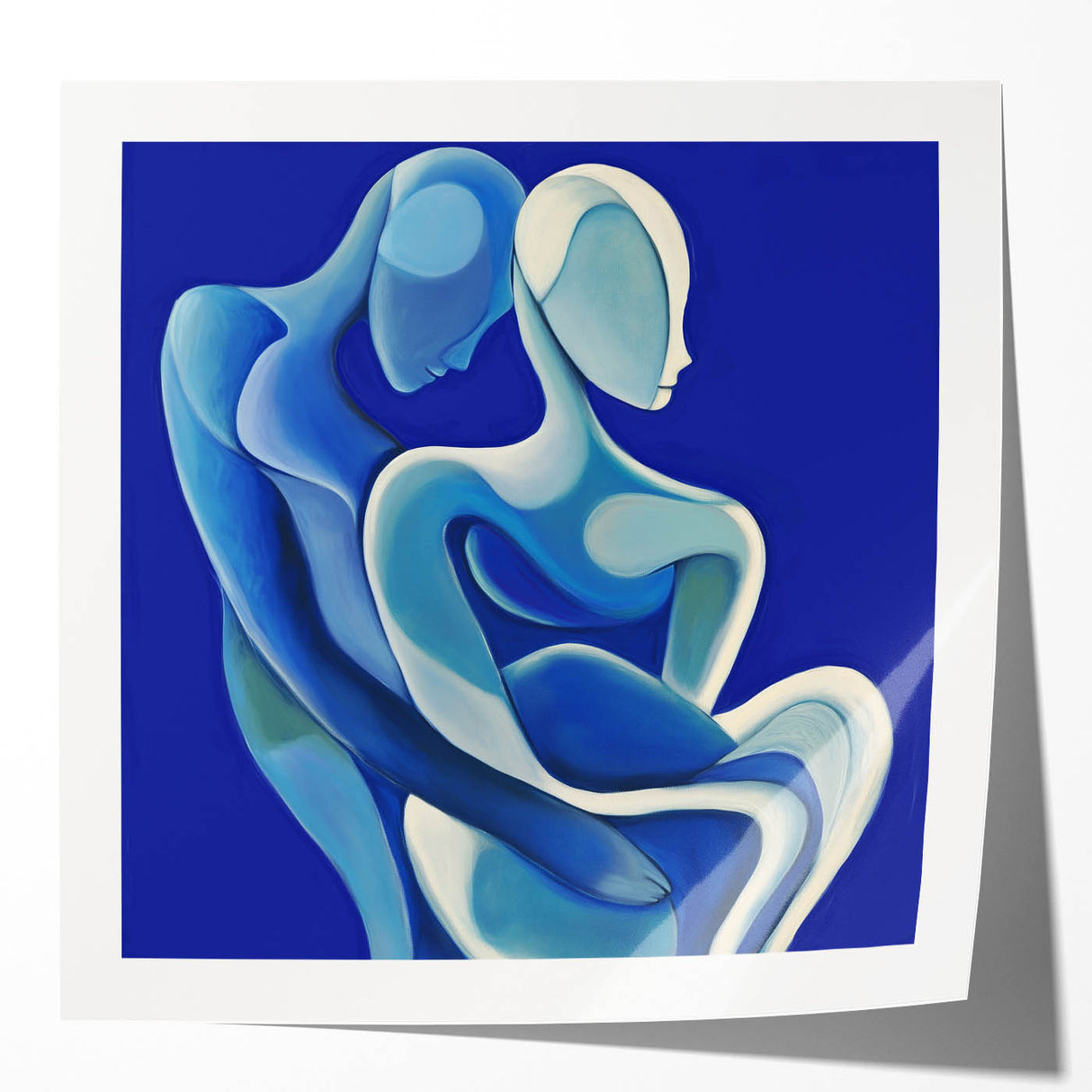 Abstract figurative art print mockup showcasing vibrant colors and dynamic shapes, presented in a glossy finish, ideal for modern decor and artistic displays.