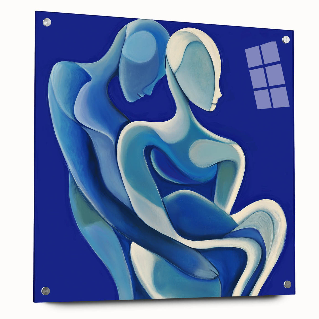 Abstract figurative acrylic artwork displayed in a side view, featuring vibrant colors and intricate details, secured with pins for a modern artistic presentation.