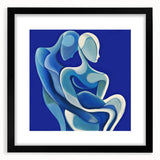 Abstract black-framed figurative artwork featuring dynamic shapes and textures, set against a neutral mat background, ideal for modern home decor.