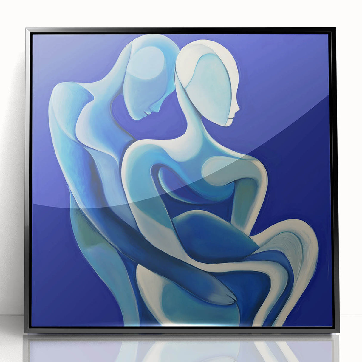 Abstract figurative art piece framed in black acrylic, showcasing vibrant colors and dynamic shapes, perfect for modern home decor and artistic expression.