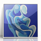 Framed abstract figurative art piece showcasing vibrant colors and dynamic shapes, set against a sleek white background, perfect for modern decor.