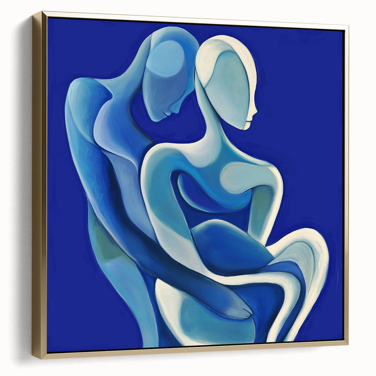 Framed abstract figurative canvas art in silver and gold tones, showcasing elegant modern design with intricate details, ideal for contemporary home decor.