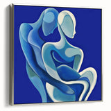 Framed abstract figurative canvas art in silver frame, showcasing dynamic shapes and colors, ideal for modern home decor and artistic expression.