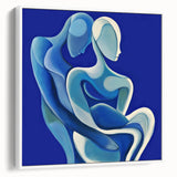 Abstract figurative framed canvas artwork with a white background, showcasing vibrant colors and dynamic shapes, perfect for modern home decor or artistic spaces.
