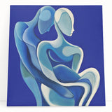 Abstract figurative stretched canvas artwork featuring vibrant colors and dynamic shapes, leaning against a neutral wall, perfect for modern home decor.