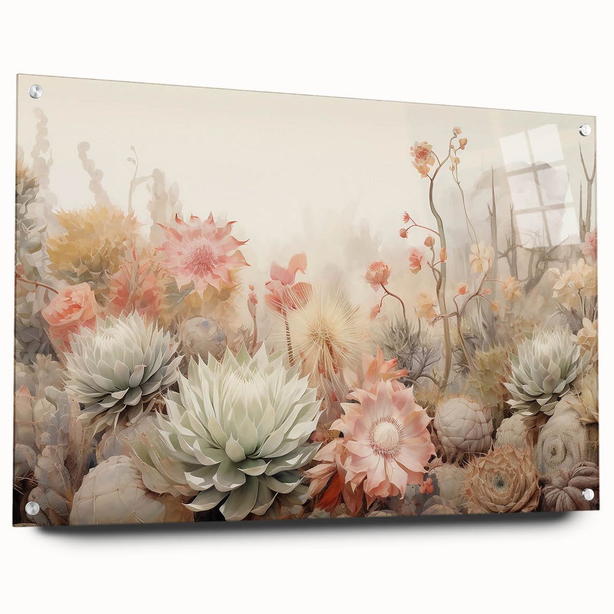 Abstract floral wall art design displayed on acrylic glass, showcasing vibrant colors and intricate patterns, elegantly mounted with pins for a modern look.