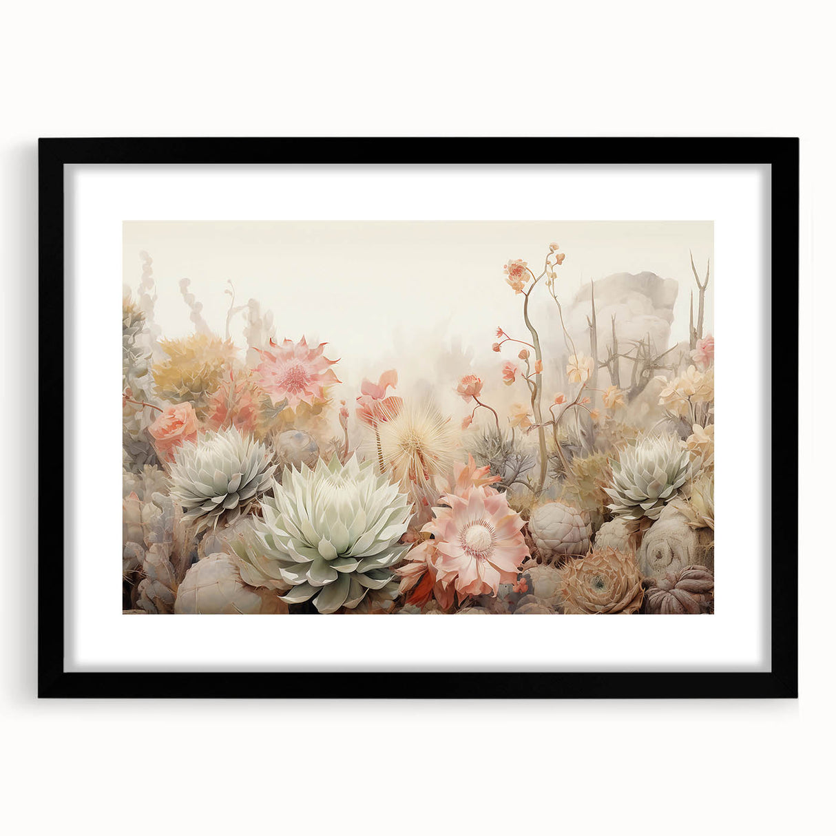 Abstract floral wall art framed in black with a white mat, showcasing vibrant colors and intricate designs, perfect for modern home decor.