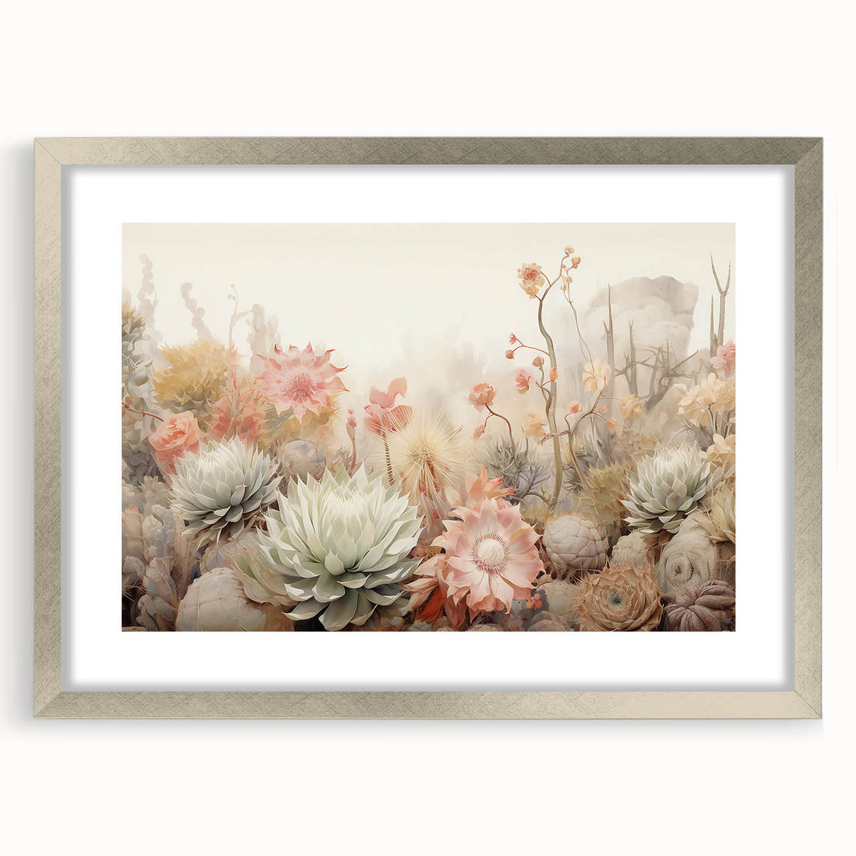 Abstract floral wall art featuring vibrant colors in a silver frame with a white mat, ideal for modern home decor, showcasing a contemporary design aesthetic.