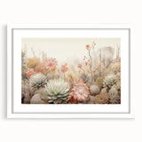 Abstract floral wall art framed in white with a mat, showcasing vibrant colors and intricate design, perfect for modern home decor or gallery display.
