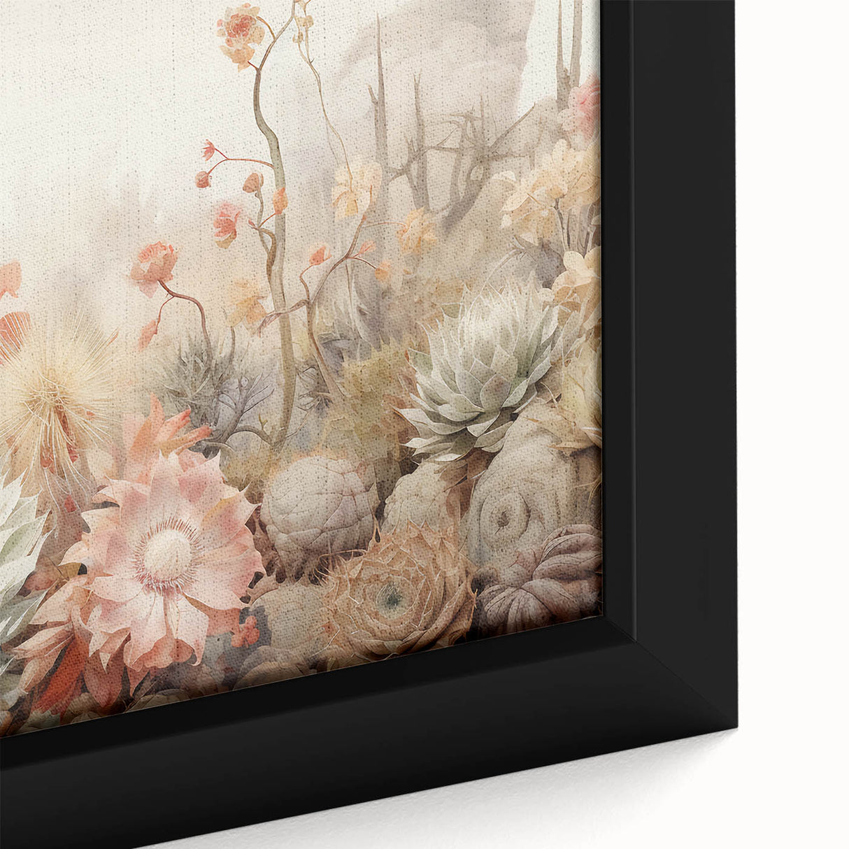 Close-up of vibrant abstract floral wall art in a sleek black frame, showcasing intricate brush strokes and rich colors, perfect for modern home decor.