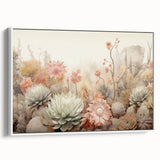 Framed canvas wall art showcasing an abstract floral design in vibrant colors, displayed in a sleek white frame, perfect for modern home decor.